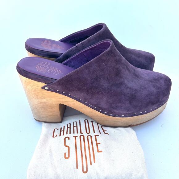 New Charlotte Stone Marlo Suede Heeled Clogs Plum Purple 9 Boho Bohemian - Picture 1 of 9